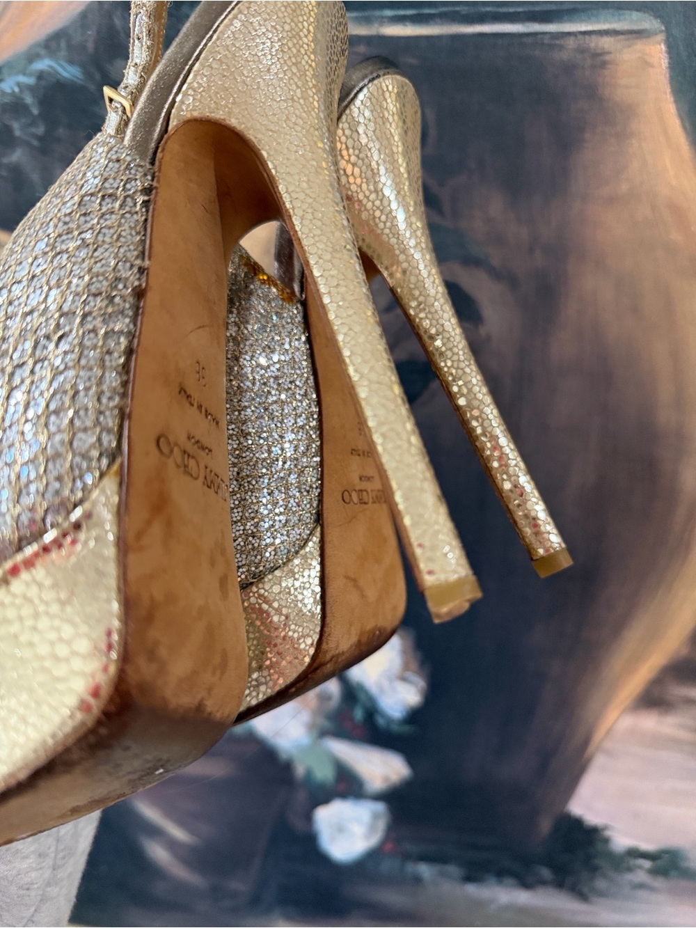 Jimmy Choo Clue Champagne Glitter Platform Heels Slingback EU 38 US 8 Authentic - Picture 6 of 12